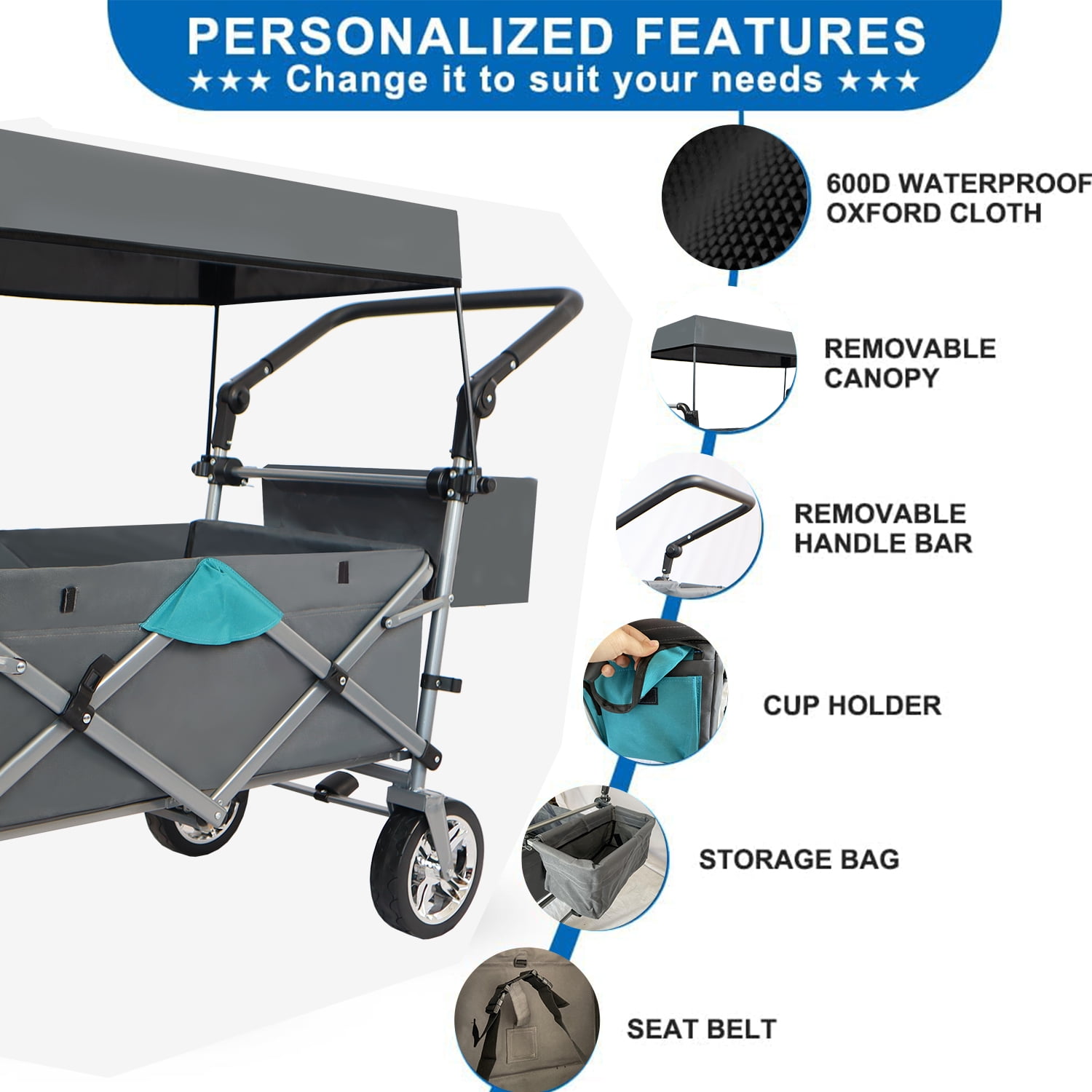 Collapsible Wagon Cart With Wheels, Foldable Utility Heavy Duty Wagons Carts With Removable Canopy, 150 Lbs Large Capacity For Grocery Sports Garden Shopping