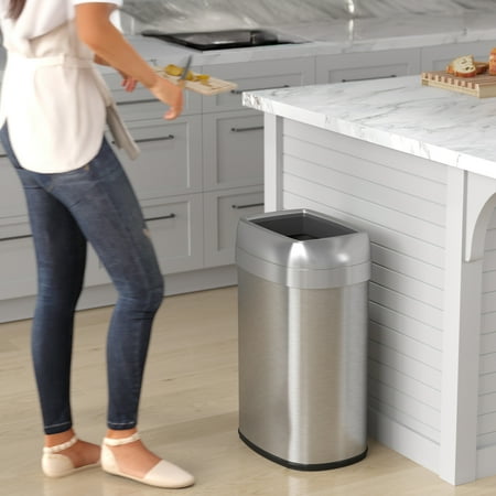iTouchless - 13 Gallon Elliptical Open Top Trash Can and Recycle Bin with Dual AbsorbX Odor Filters, Stainless Steel, Office Home - Stainless Steel/Silver