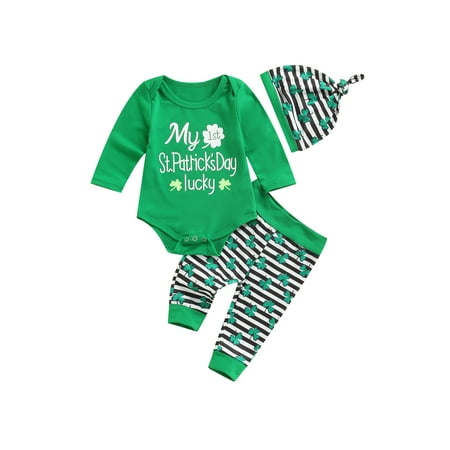 

Sunisery My 1st St. Patrick s Day Baby Boys Girls Romper Outfits Letter Top+Stripes Clover Print Pants+Hat Green 12-18 Months