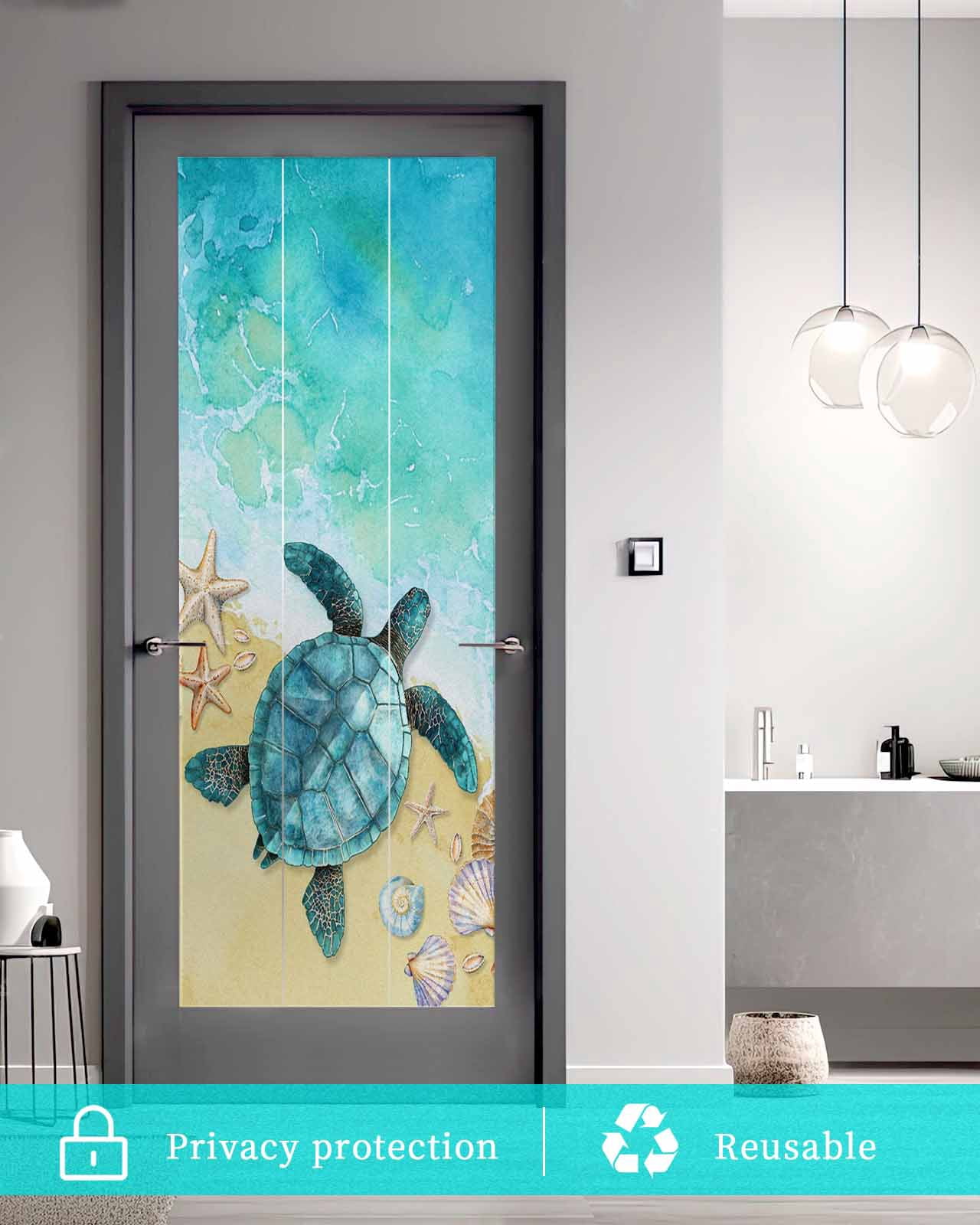 Window Privacy Film Teal Blue Coastal Stained Glass Window Film Decorative Sun Block Window Cover Summer Beach Turtle Nautical Window Clings Static Adhesive Sticker for Bathroom 23.6"x59"
