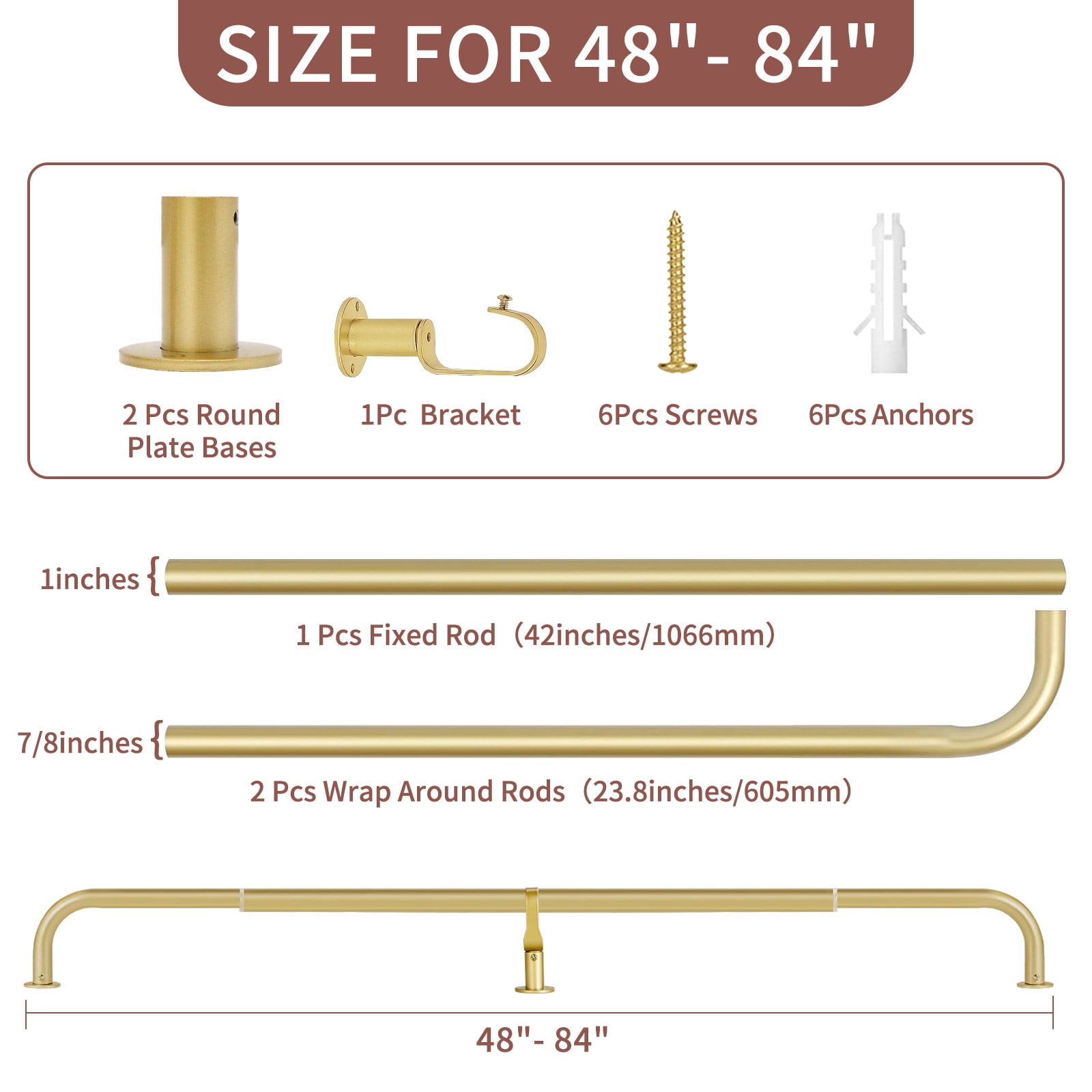 Meriville 1-Inch Diameter Wrap Around Blackout Curtain Rod, 28-Inch to 48-Inch, Royal Gold Finish with Round Base