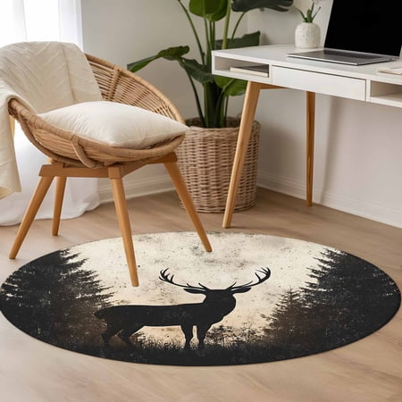 3.3ft Washable Round Rug Retro Elk Non-Slip Circle Area Rug for Entryway Bedroom Black Elk Modern Art Forest Animal Nature Indoor Accent Floor Mat for Home Decor