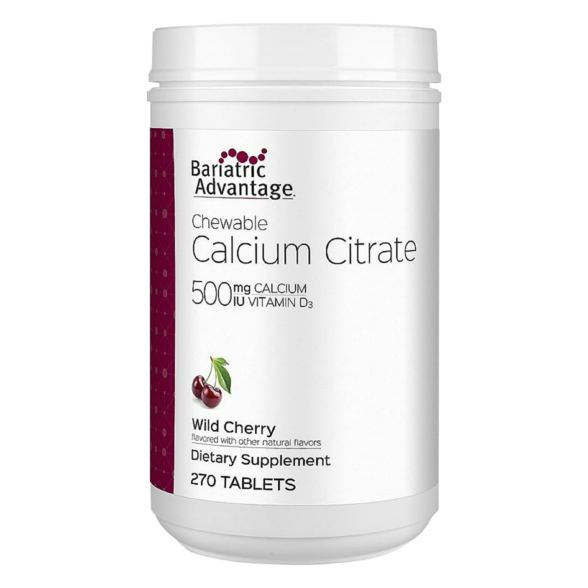 Bariatric Advantage Calcium Citrate Chewable 500 mg - For Bariatric Surgery Patients - High-Potency, Easy-Digest Tablets - Calcium Citrate - Bone Strength Supplements* - 270 Count - Wild Cherry