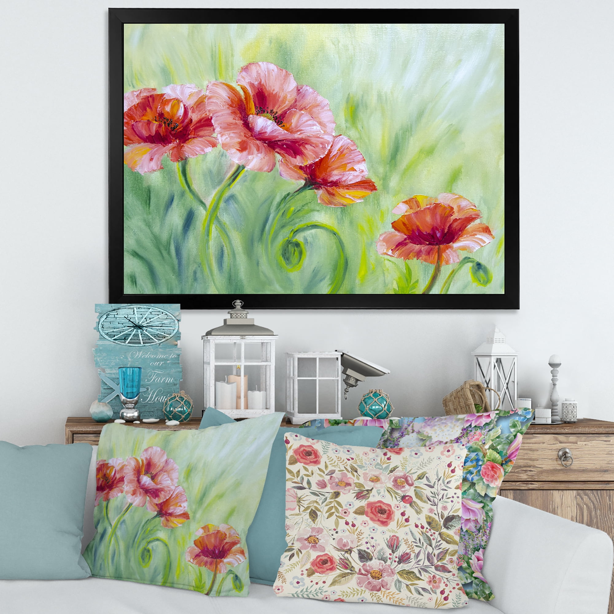 Designart 'Red Blossoming Poppies Over Wild Green II' Traditional Framed Art Print