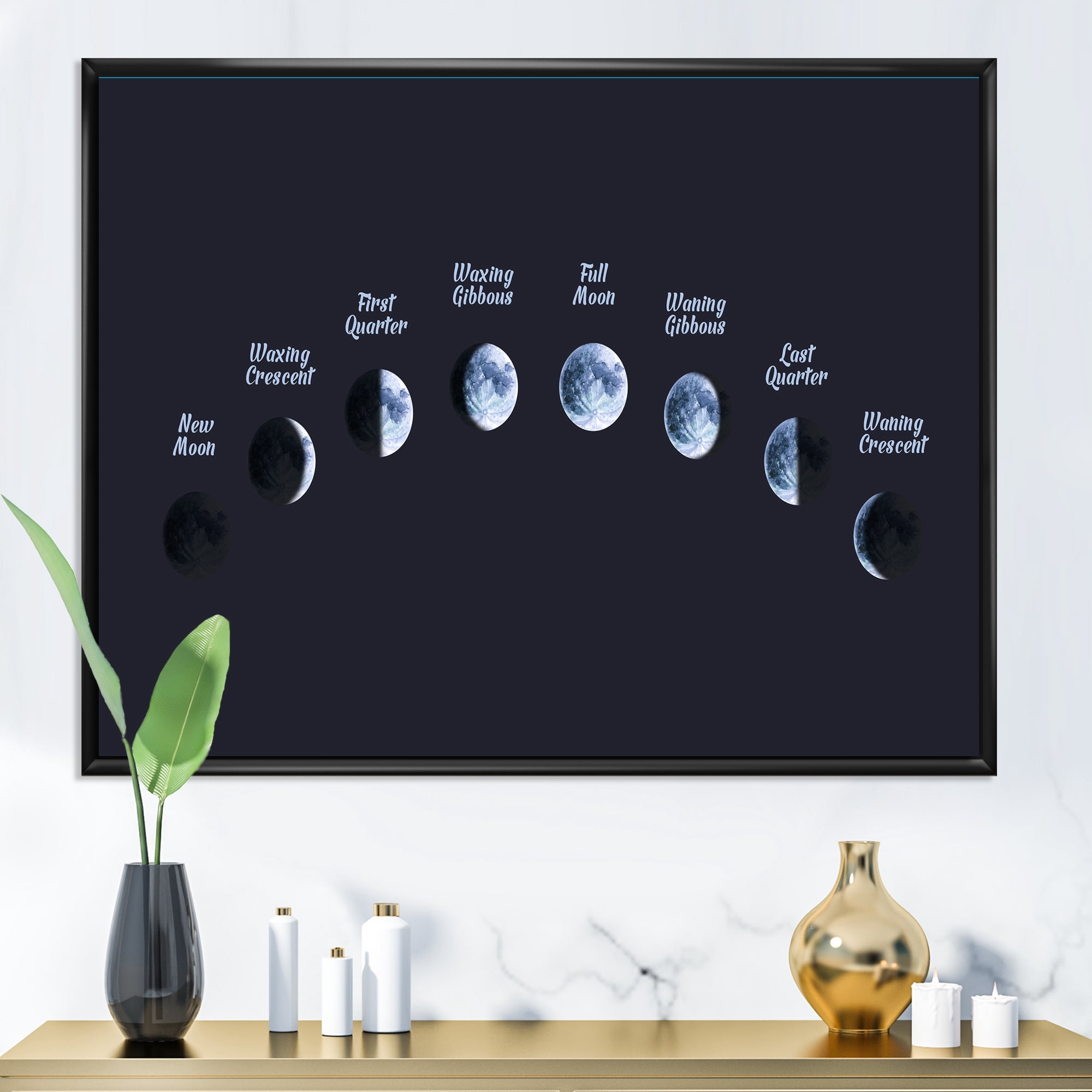 Designart 'Different Moon Phases In Space' Bohemian & Eclectic Framed Canvas Wall Art Print
