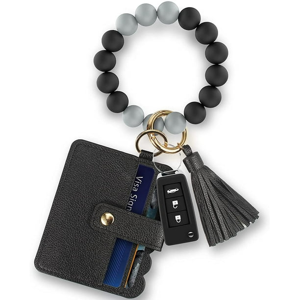 Ouber Women Keychain Bracelet Wristlet with Card Wallet Silicone Beaded
