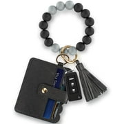 Ouber Women Keychain Bracelet Wristlet with Card Wallet Silicone Beaded Key Ring Bracelet Elastic Keyring Bangle Black-1Pc