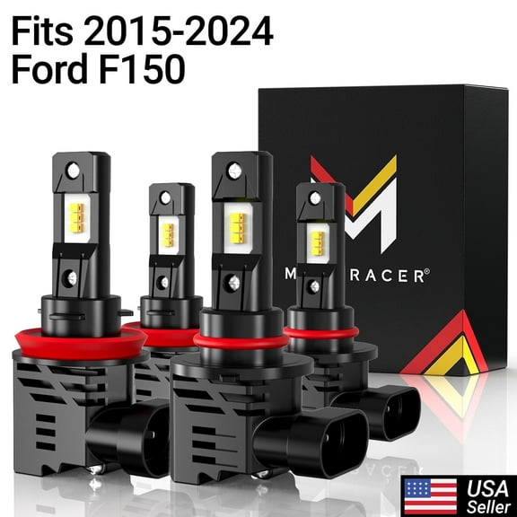 Mega Racer 2015-2024 Ford F150 Wireless H11 9005/HB3 LED Headlight Bulb Combo 4 Pack - 6500K Bright White 12V 50W 12000LM - High & Low Beam Replacement Car Bulbs