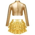 thumbnail image 2 of TiaoBug Kids Girls Shiny Ballet Jazz Dance Skirts Outfits Long Sleeve Metallic Crop Top with Tassel Skirted Set Gold 14, 2 of 5
