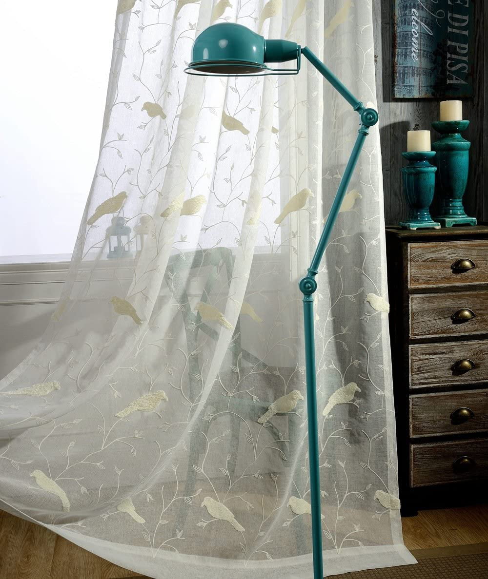 Elegant Embroidery Sheer Curtain Beige Tulle Room Voile Door Window Drape 63/84" 