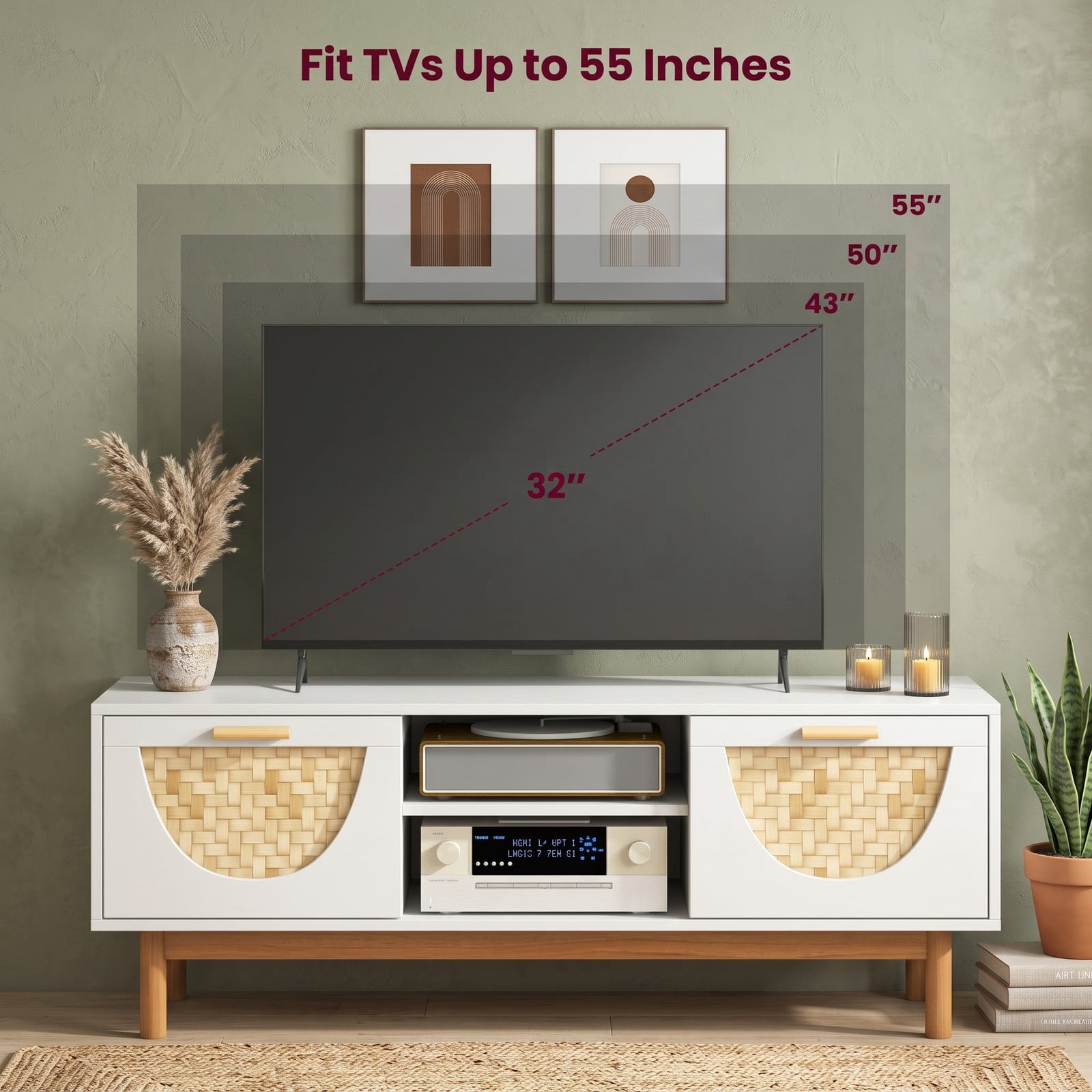 Furnibear Mid Century Modern TV Stand Entertainment Center for 55 Inch TV, Wood Media Console with 2 Drawers, 2 Open Shelves and Bamboo Woven, White and Natural