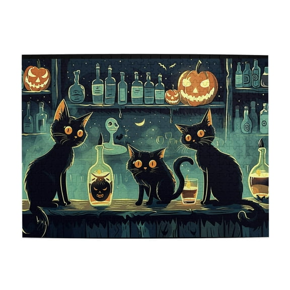 500 PCS 500 piece puzzle for adults Black cat in the tavern,Stunningly Vibrant Colors,Classic Black Cat Vintage Art Wooden Puzzle,Great for Relaxation and Display for Puzzle Enthusiasts,Fun Puzzle