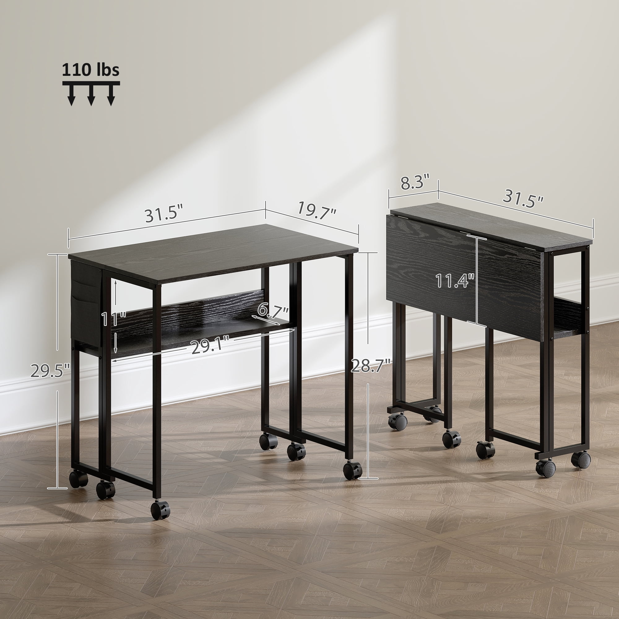 HOMCOM Small Folding Desk, 31.5" Foldable Computer Desk with Storage Bag, Shelf and Wheels for Small Spaces, Home Office, Easy Assembly, Black