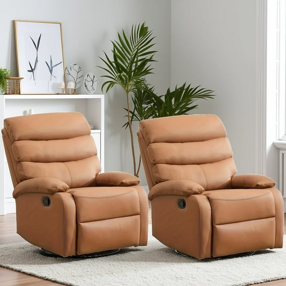 2-Pack Khaki Durable Genuine Leather Recliners, Comfortable Swivel Rocker Chairs with Easy Assembly for Family & Guests