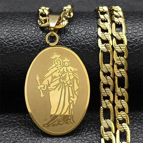 Virgin Mary Medal Pendant Religious Necklace for Women Men 14K Yellow Gold Christian Necklaces Jewelry