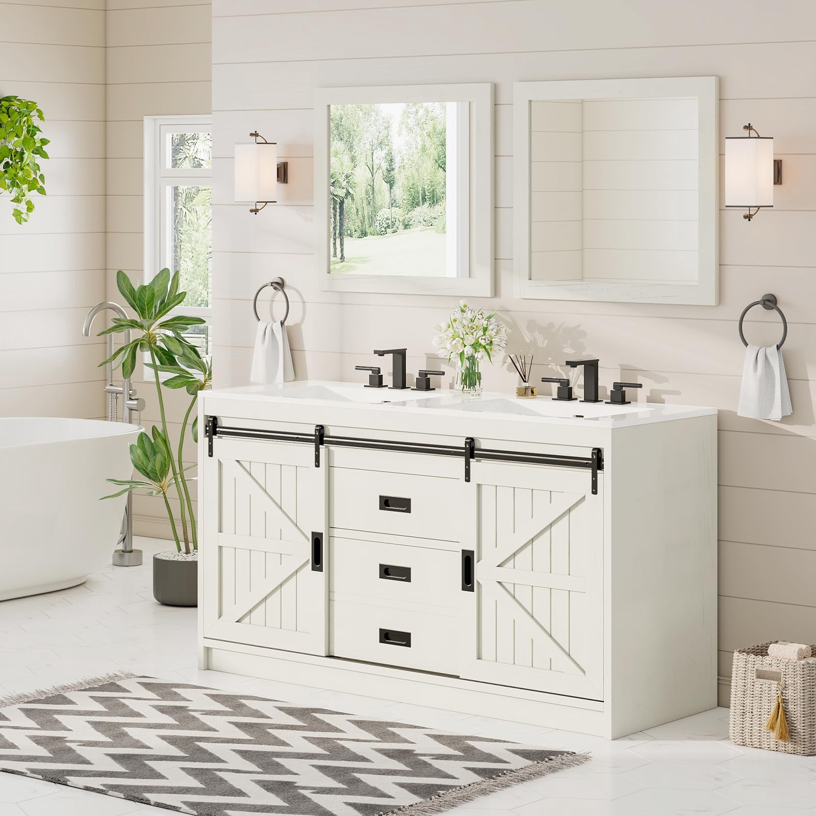 VanAcc 61" Farmhouse Double Bathroom Vanity with Sink Combo, Dual Basin Bathroom Storage Cabinet with Sliding Barn Doors & Drawers, White