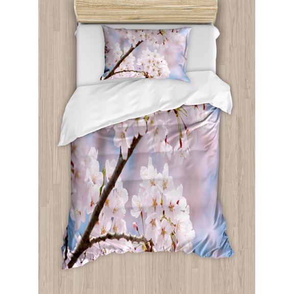 Spring Duvet Cover Set, Floral Tree Branches Cherry Blossoming Petals Buds Flourishing Natural Landscape, Decorative 2 Piece Bedding Set with 1 Pillow Shams, Twin Size, Pale Pink, by Ambesonne
