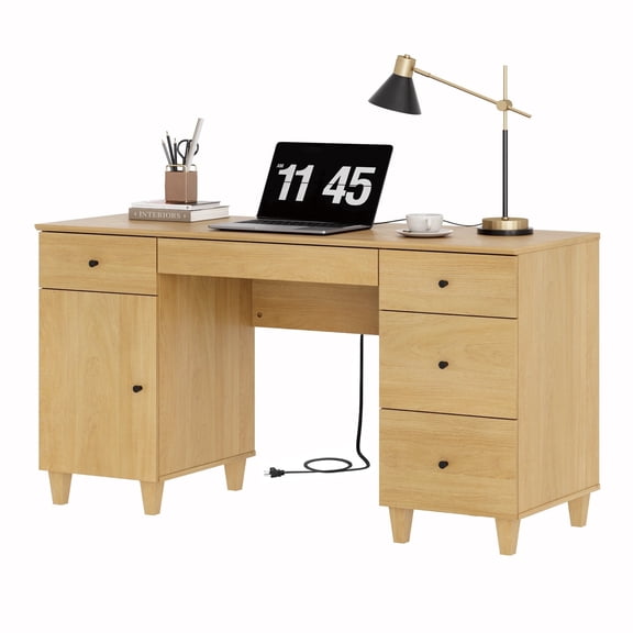 58" Executive Desk with 5 Drawers and 1 Door, Modern Farmhouse Home Office Computer Table with Charging Station,Oak Wood