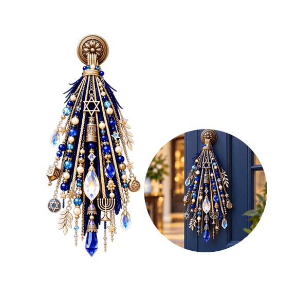 Blue & Gold Festival of Lights Hanging Door Blessing, Crystal Beads Star of David Menorah Hanukkah Ornament, Seasonal Decor for Front Door Entryway Wall Window Holiday Home