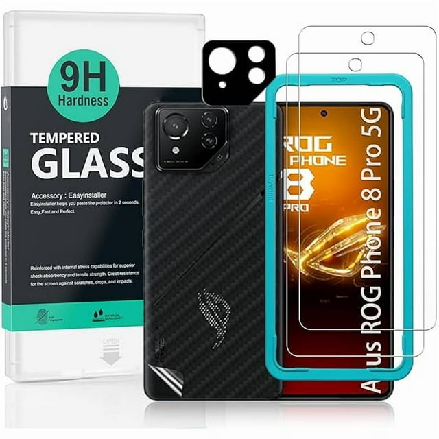 wonima11 Ibywind 2 Pack Screen Protector For Asus ROG Phone 8 Pro 5G 6.78",9H Hardness Tempered Glass,With 1Pc Camera Lens Protector,1Pc Back Carbon Fiber Film