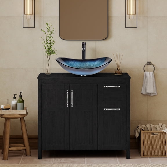 ELECWISH 36 Inches Bathroom Vanity in Black Finish with Glass Boat-Shaped Vessel Sink, Single Bathroom Vanity with Top, 2-Door Cabinet and 2 Drawers