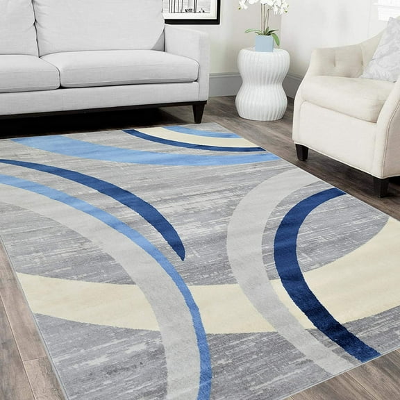 HR Abstract Rugs Luxury Livingroom Carpet Modern Contemporary 8a10 Blue Area Rug Ultra-Soft, Shed Free Stain Resistant Swirls Blue/Silver/Gray/White7'74" x 10'