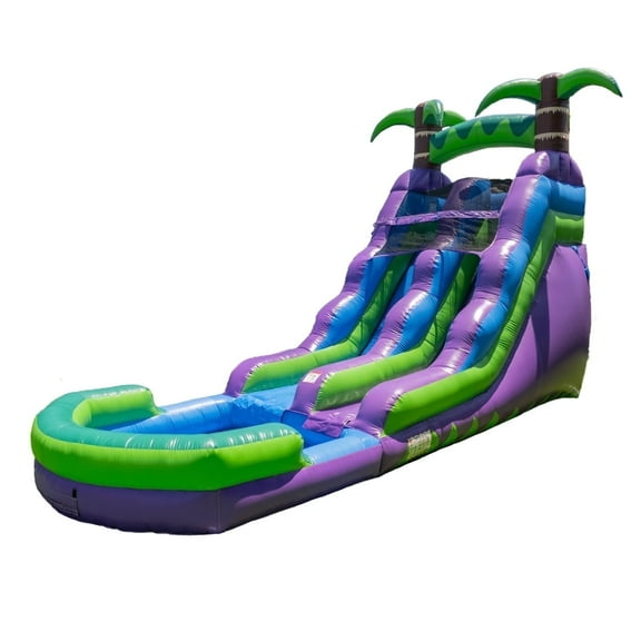 HeroKiddo Tropical Purple 16’ Commercial Inflatable Water Slide with Attached Pool