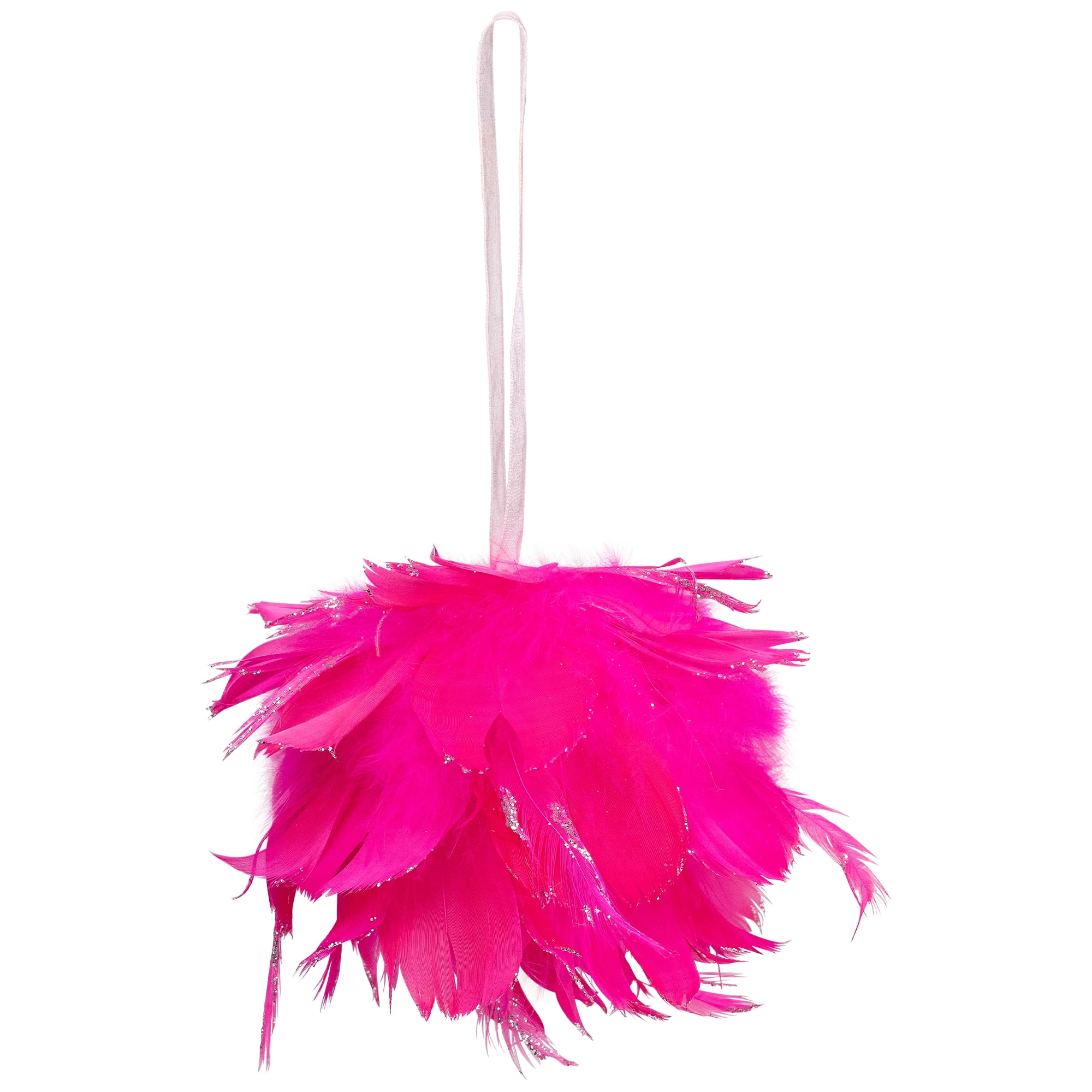 Glittered and Feathered Ball Christmas Ornament - 4" - Hot Pink