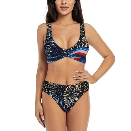 Zeuib Fireworks High Waisted Tummy Control Bikini Set - Knot Front Push Up Top & Cheeky Thong Bottom  Two-Piece Swimsuit for Women-X-Large