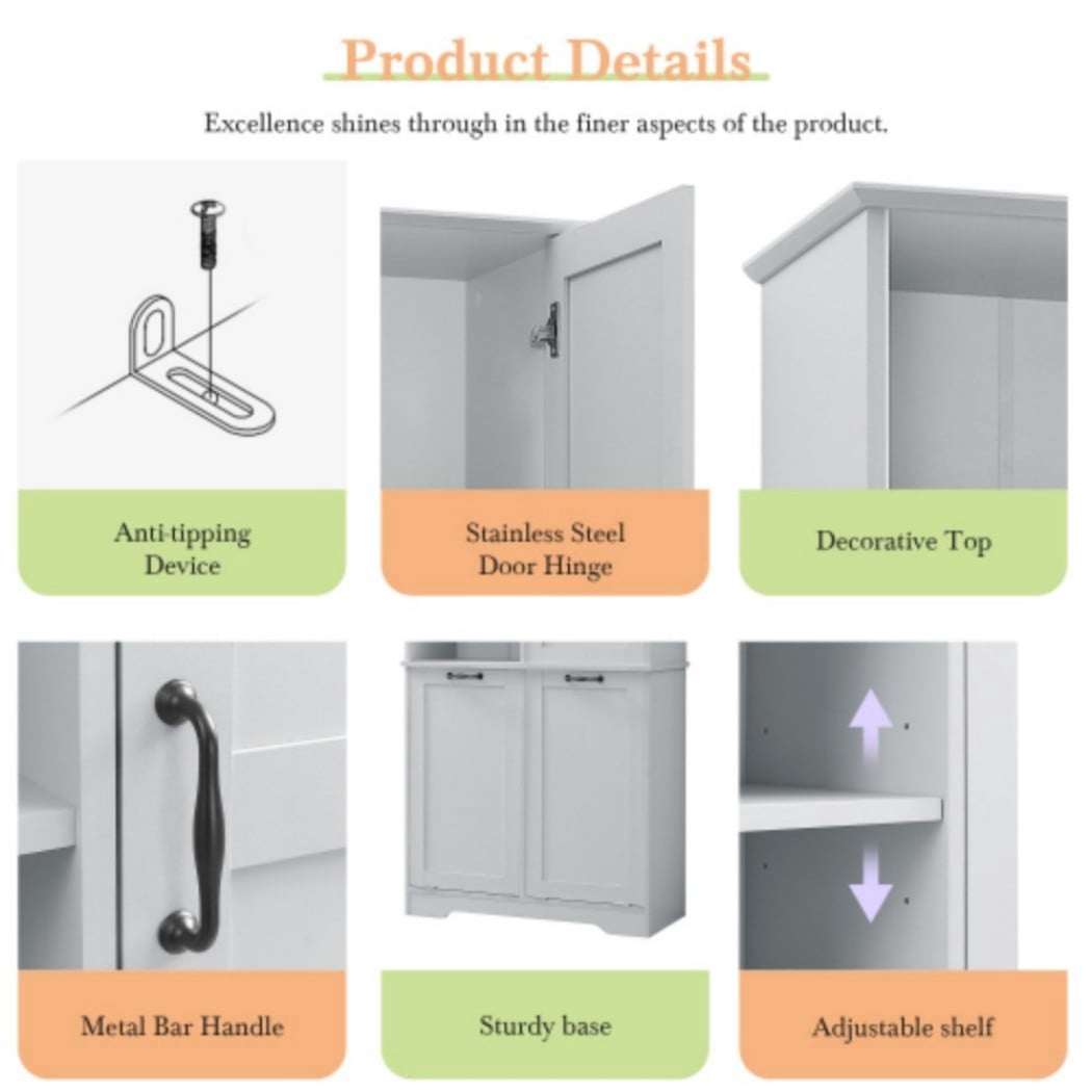 Bathroom Storage Cabinet with Doors and Drawers, Tall Laundry Hamper Cabinet with 2 Tilt-Out Baskets, Adjustable Shelves, Open Storage, Gray