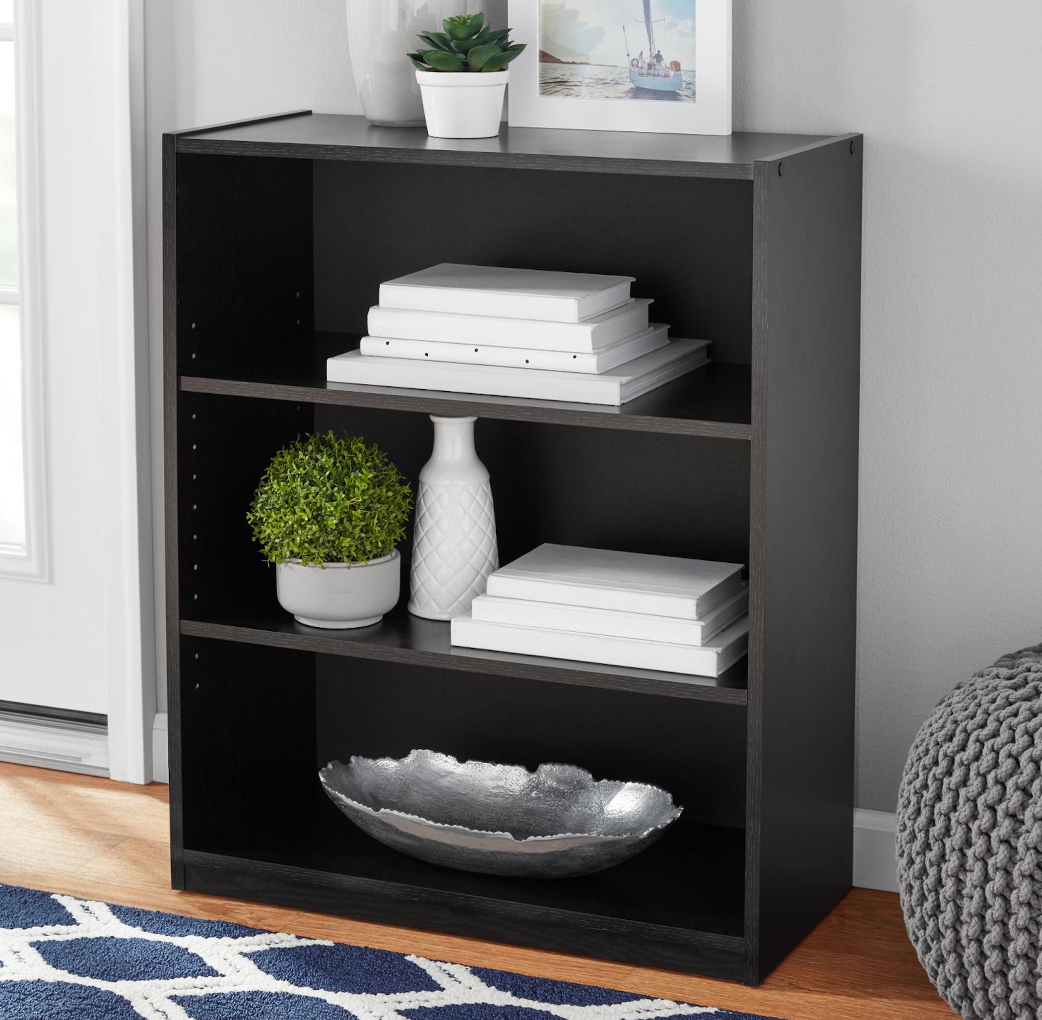 MAINSTAYS 3-SHELF BOOKCASE WITH ADJUSTABLE SHELVES, TRUE BLACK OAK