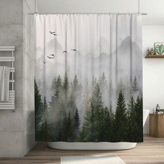 Misty Foggy Forest Waterproof Polyester Bathroom Shower Curtain Set 72x72 inch with 12 Hooks