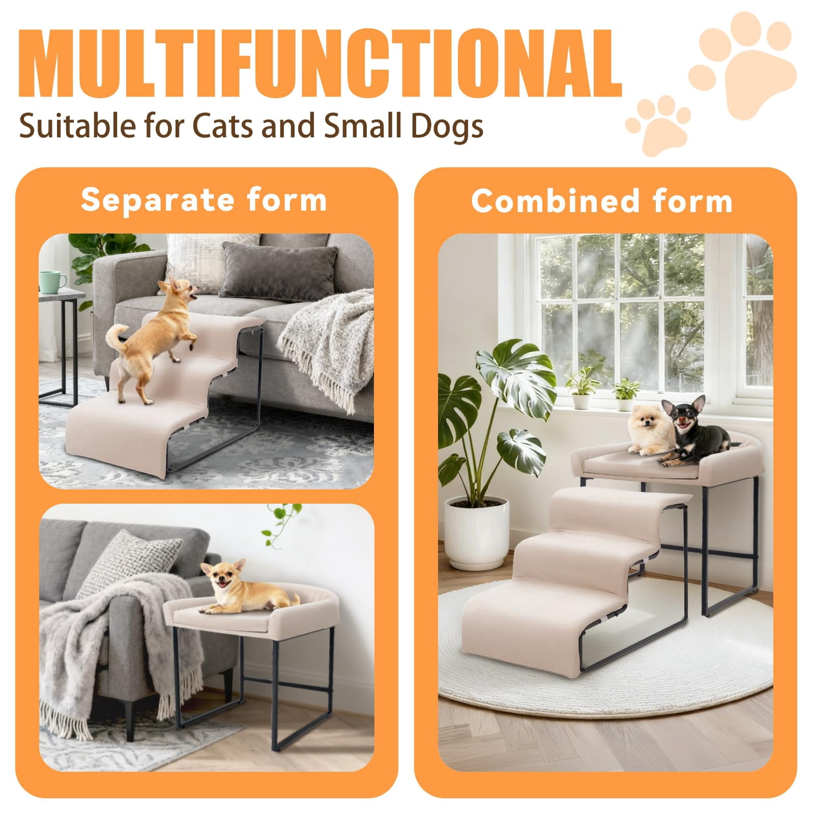 Dog Window Perch with Stairs, Pet Stairs Ramp with Seat, Dog Perch to Look Out Window with Ramp, Lounge Elevated Dogs Bed, Small Pet Step, Multi-Level Platform with Foam Upholstery