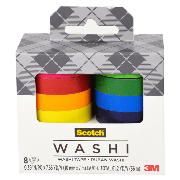 Scotch Washi Tape, Solid Color Rainbow Design, 8 Rolls, Great for Bullet Journaling, Scrapbooking and DIY Décor (C1017-8-SOL1)