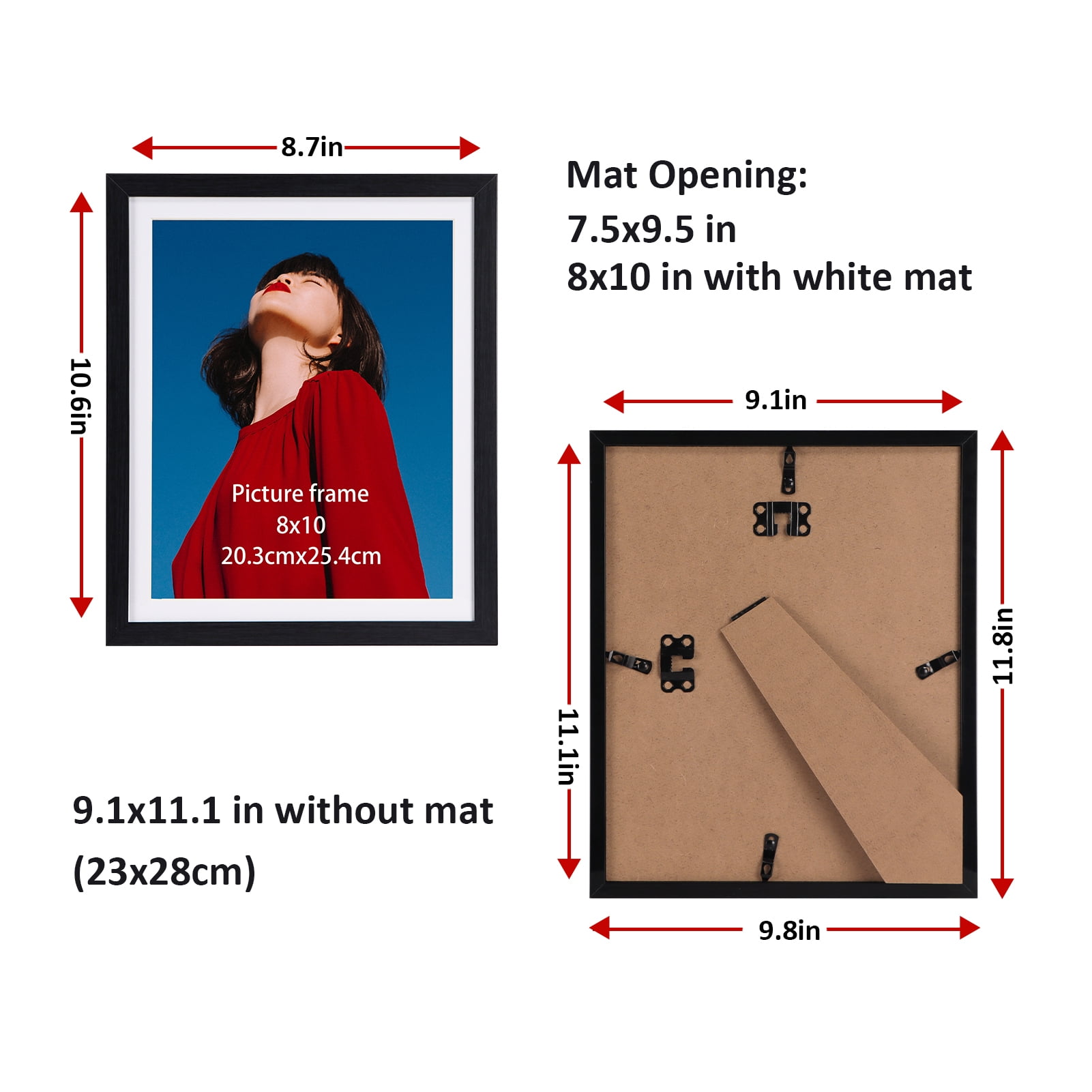 6-Pack 9x11 Black Picture Frames, Matted to 8x10 for Wall or Tabletop Display