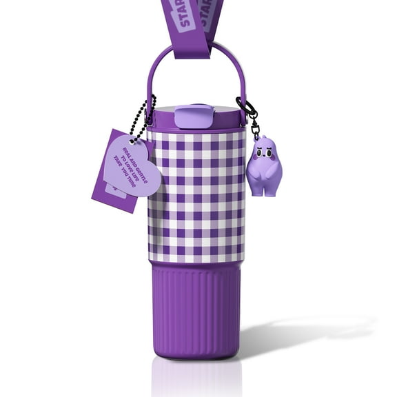 24 oz Leak Proof Stainless Steel Tumbler with Lid & Straw, Insulated Portable Water Bottle (Fits Cup Holder), Reusable Travel Coffee Mug for Women (Purple)