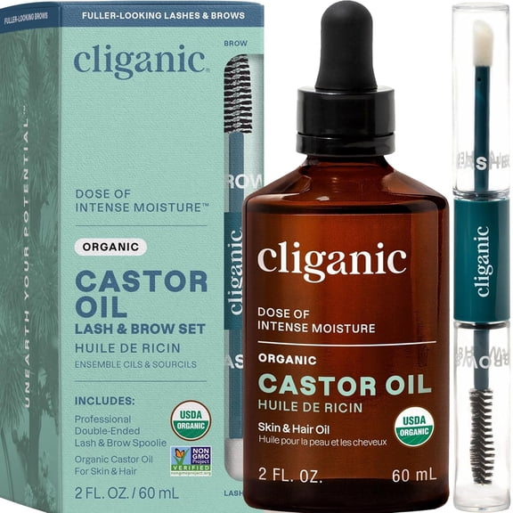 Cliganic Organic Castor Oil, 100% Pure (2oz with Eyelash Kit) - For Eyelashes, Eyebrows, Hair & Skin
