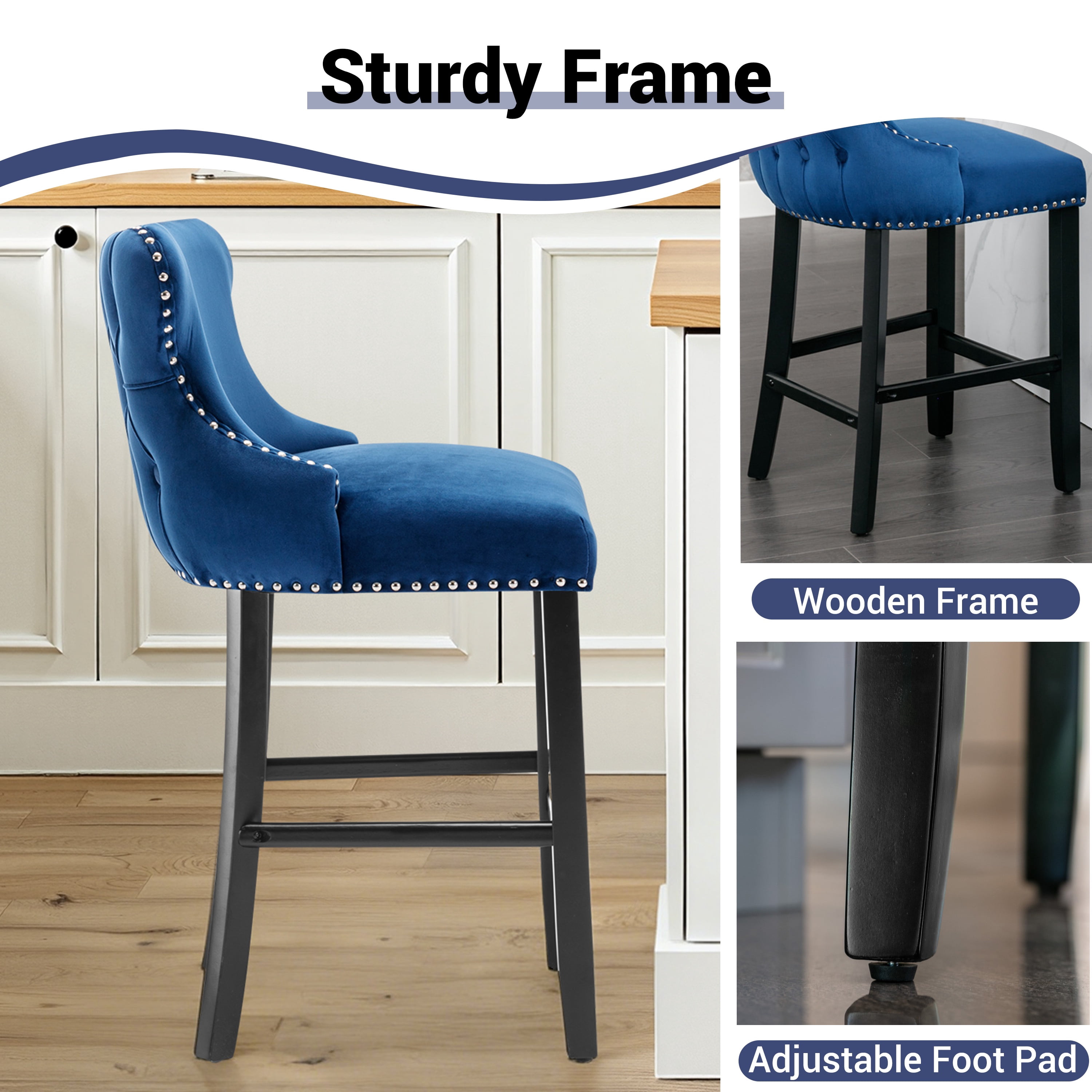 Bar Stool Set of 4, Legahome 26" Counter Height Bar Stools with Back, Velvet Upholstered Bar Stool with Button Tufted & Wooden Legs, Bar Stools Chair for 35-39" Kitchen Island Counter, Blue