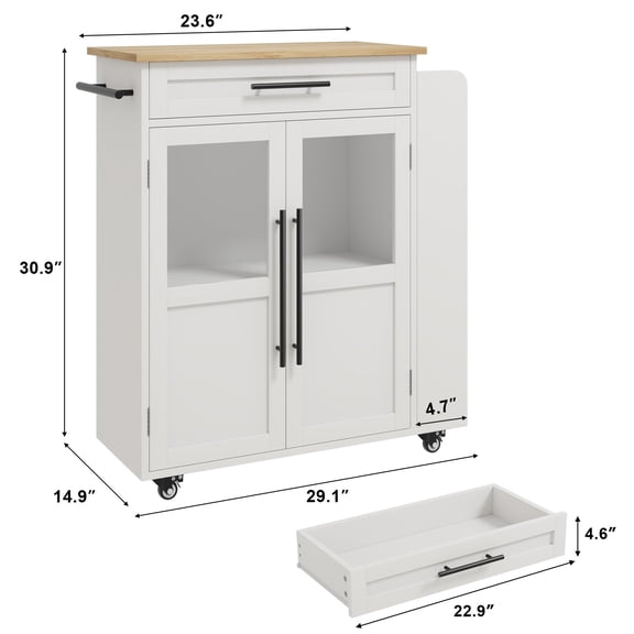 White & Natural Mobile Kitchen Island Cart, Farmhouse Rolling Storage Cabinet with Glass Door, Drawer, Spice Rack & Towel Bar, 36/48 Inch Multifunctional Coffee Bar