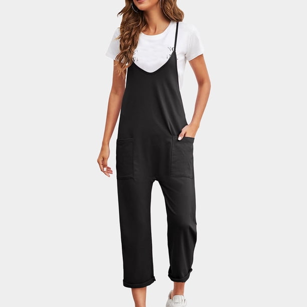 ICHUANYI Clearance Fashion Women Casual Cold Shoulder Jumpsuit Solid Suspender Jumpsuits Wide Pocket Leg Pant(Black, XXL) ICHUANYI WER2023081110562
