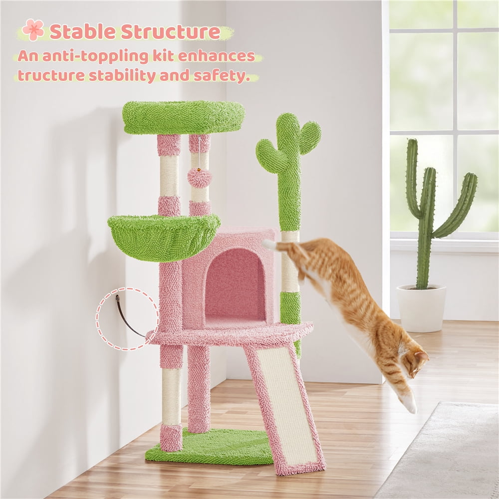 Yaheetech 42" Height Cactus Cat Tree with Scratching Posts, Basket & Ladder, Pink/Green