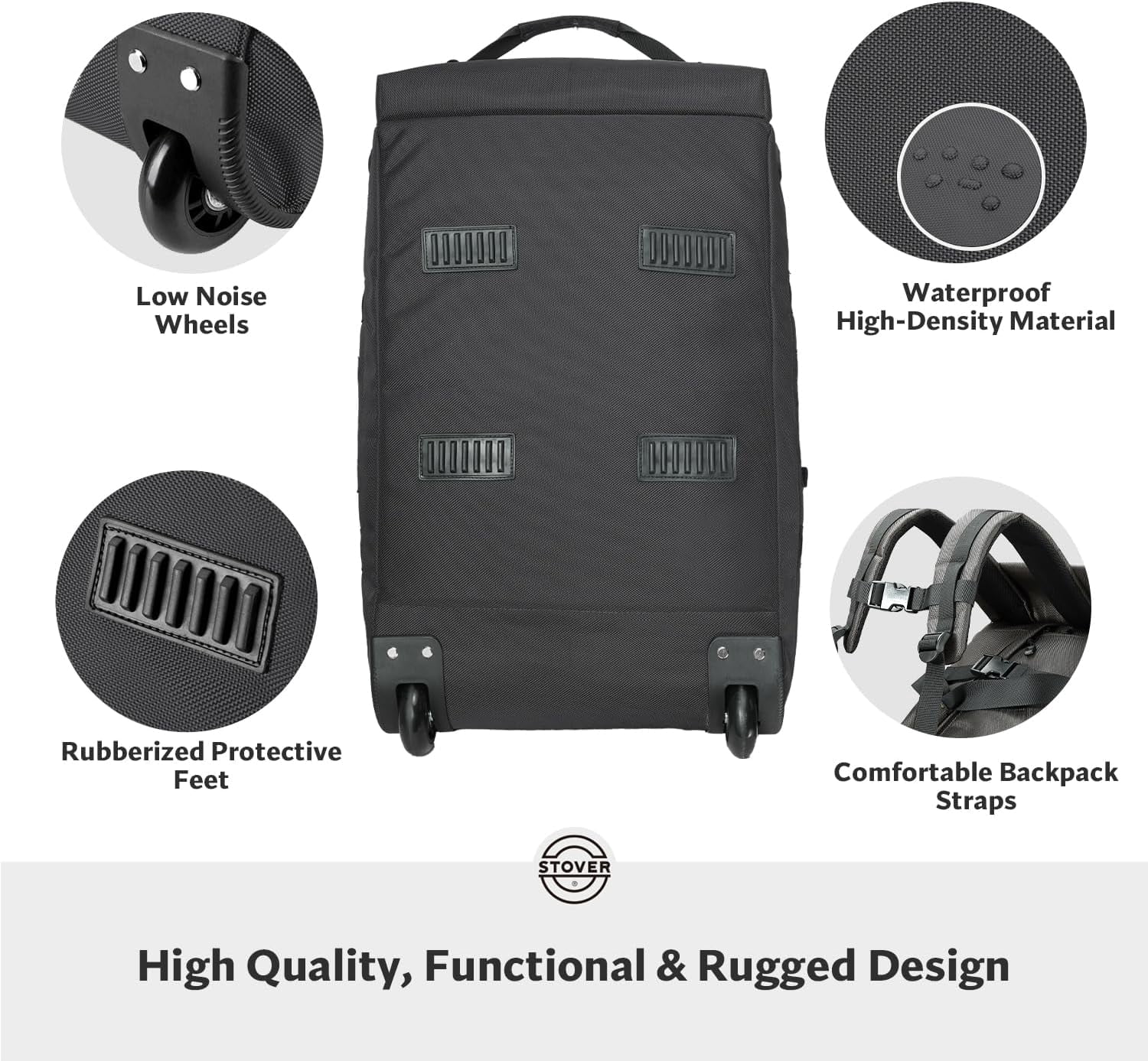 ZJQYDS 45/80/100L Carry-On Rolling Duffel Bag with Wheels, Medium Durable Travel Duffle w/Toiletry Bag, Packable, Foldable with Shoulder Straps- Use as Luggage or Backpack, Men/Women (Black)