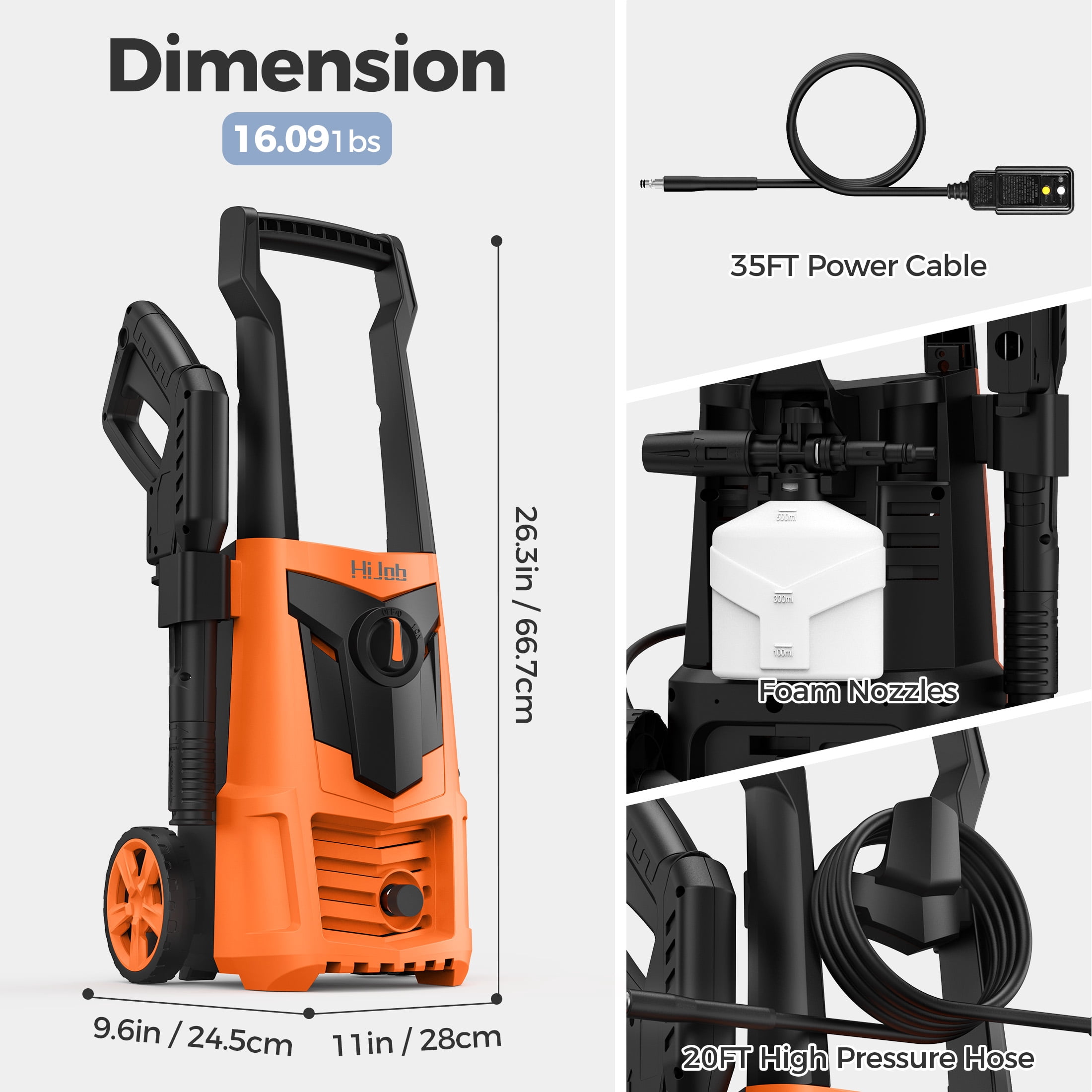 HIJOB Electric 3000 PSI Pressure Washer w/ 20 ft Hose, 4 Quick Connect Nozzles, Foam Cannon, Portable to Clean Patios Cars Fences Driveways