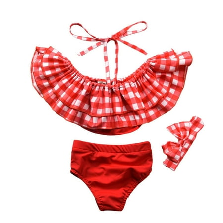 

YWDJ 6 Months -3 Years Kids Swimsuit Girls Swimwear Suspender Plaid Split Hairband Three-piece Set Red 3-4 Years