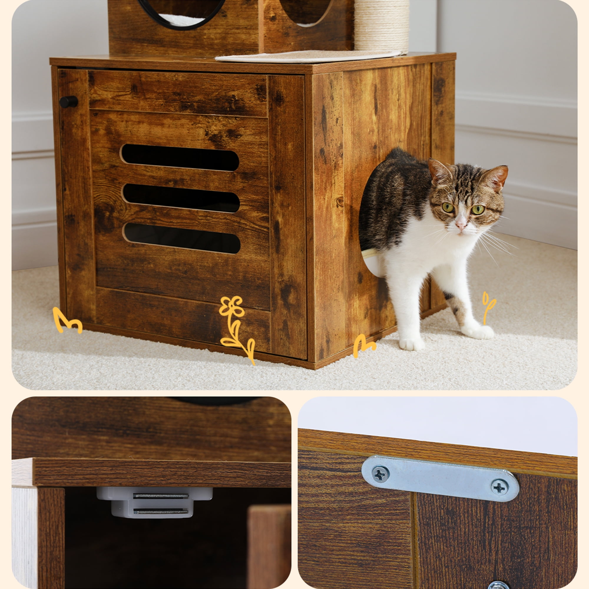 Kadyn 90"-110" Adjustable Height Cat Tree Tower Floor-to-Ceiling, Multi-Level Cat Activity Center, Cat Condo with Litter Box Enclosure, Brown