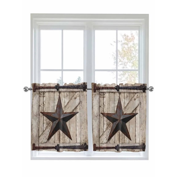 Texas Star Vintage 2 Panel Kitchen Curtains for Small Windows, Brown Khaki Wooden Retro Art Bathroom Tier Curtain, Short Window Treatment for Bedroom/Living Room 55"x36"