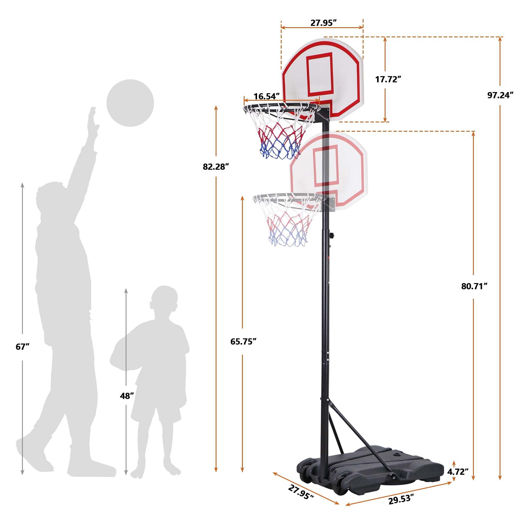 SuperDeal Kid Youth Height Adjustable (5.4-7ft) Basketball Hoop Plastic Backboard System Stand W/Wheels Black