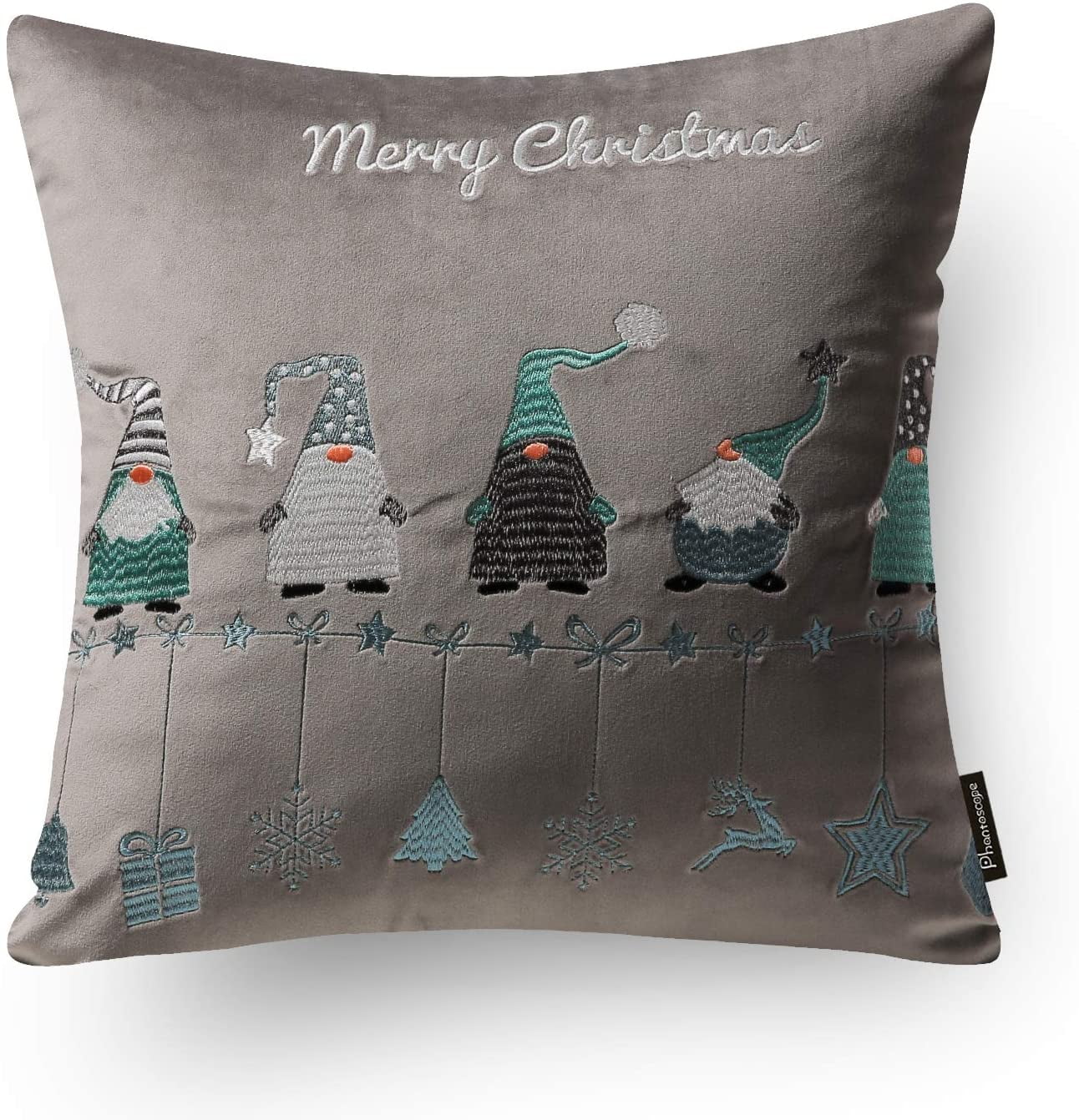 Phantoscope Merry Christmas Velvet Embroidered Decorative Throw Pillow, Blue and Gray, 18" x 18",Set of 4