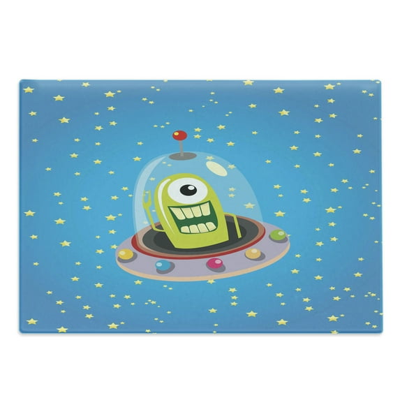 Space Cutting Board, Comic Ufo Alien in Outer Space with Stars Galaxy Journey Caricature Cartoon, Decorative Tempered Glass Cutting and Serving Board, Large Size, Multicolor, by Ambesonne