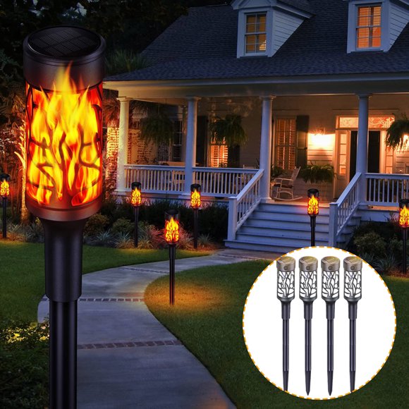 LSLJS 4 Pack Solar Outdoor Lights Extra-Bright Solar Torch Lights with Dancing Flickering Flames for Garden Halloween Decorations Outdoor Yard Decor Hall
